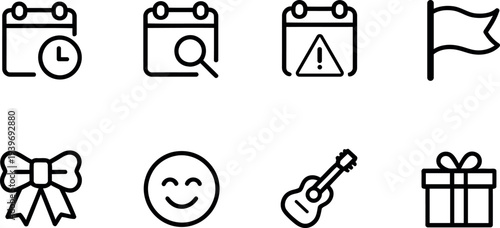 Collection of eight simple outline icons representing time search alert flag bow smiley face guitar and gift box