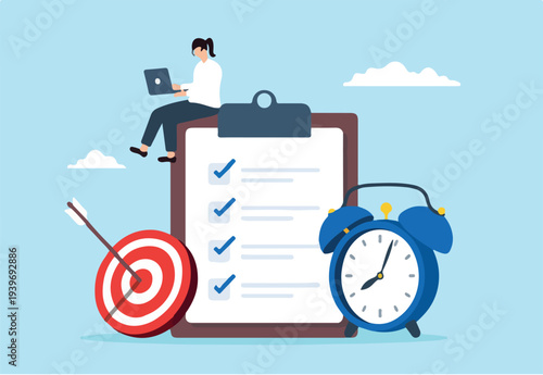 Flat illustration of productive businesswoman work on laptop with clipboard checklist alarm clock and bullseye target focusing project or time management 