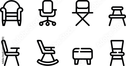 Collection of modern and traditional chair icons representing different seating types for home and office