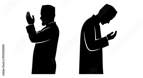 Black Silhouette Vector Illustration of Two Muslim Men Praying, Depicting Islamic Worship and Spiritual Devotion for Religious Content