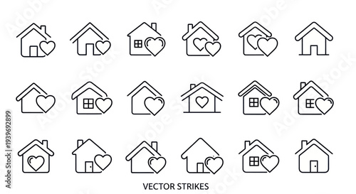 Vector icon set of loving homes featuring simple houses with hearts in a thin line outline style.