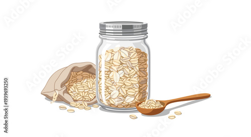 A clear glass jar filled with rolled oats, an open burlap sack of oats, and a wooden spoon with grain on a white surface.
