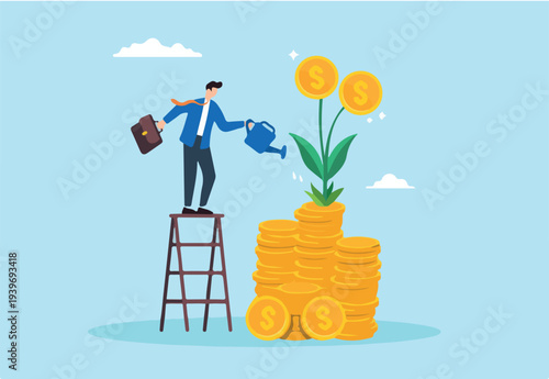 Flat illustration of businessman watering stack of coin growing money plant symbolizing mutual fund and wealth investment