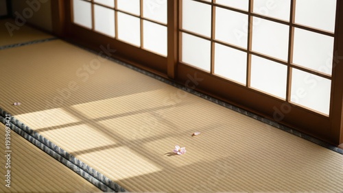 Warm, Angled Sunlight Pierces a Shoji Screen, Casting Geometric Shadows Across Woven Tatami Flooring with Scattered Pink Sakura Petals