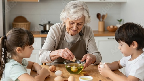 Warm, indoor scene: An elderly woman with kind eyes demonstrates the delicate process of natural egg dyeing to two attentive grandchildren seated at a