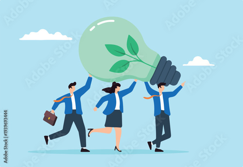 Flat illustration of employees carry green ESG sustainable lightbulb corporate efforts eco-friendly clean energy solutions renewable power reuse
