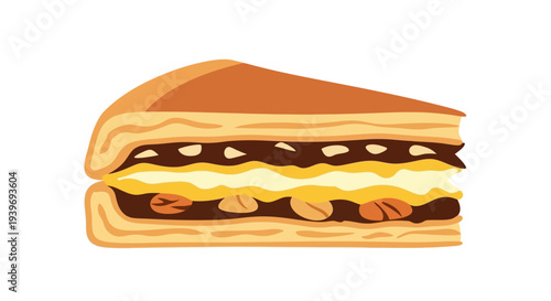 A slice of layered cake with chocolate and nuts.