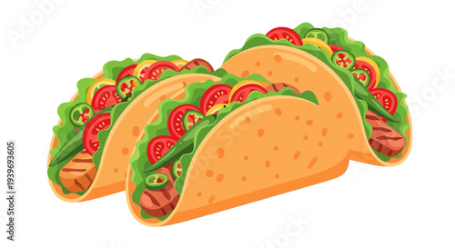 Three tacos with lettuce, tomatoes, and sausages in a row.