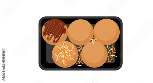 Assorted donuts on a black tray with various toppings.