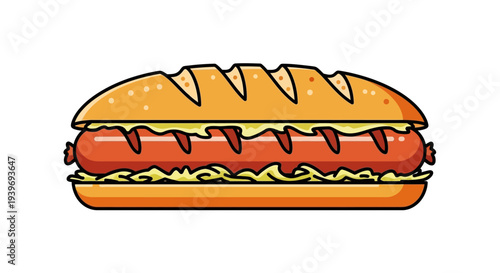 A cartoon hot dog with mustard on a bun.