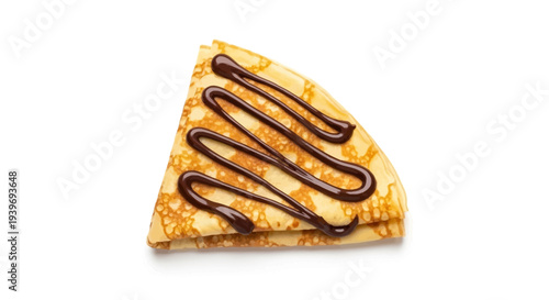 A slice of pizza topped with chocolate sauce on a white background.