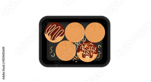 Delicious donuts with chocolate and caramel toppings on a black tray.