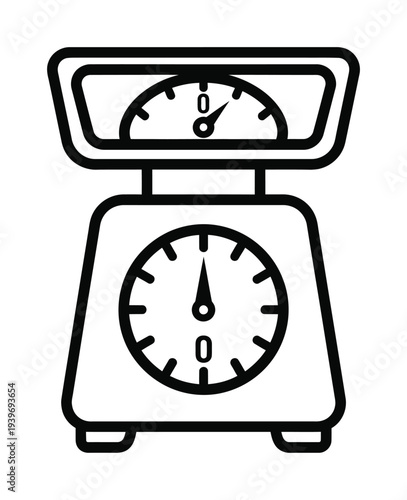 Vector of a retro-style kitchen scale with a prominent front dial and smaller adjustment dial on top