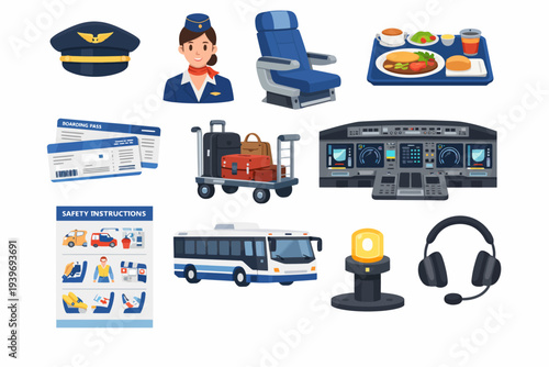 Aviation icons: pilot, cabin crew, airplane seat, cockpit, luggage, meal, boarding pass, safety