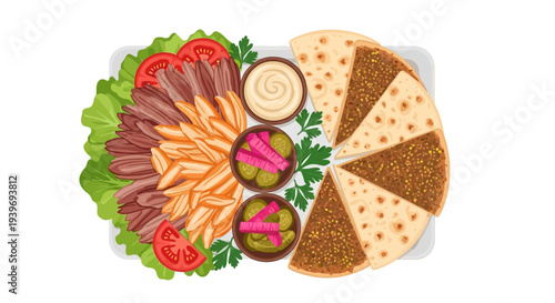 Assorted Middle Eastern cuisine platter with flatbread and dips.