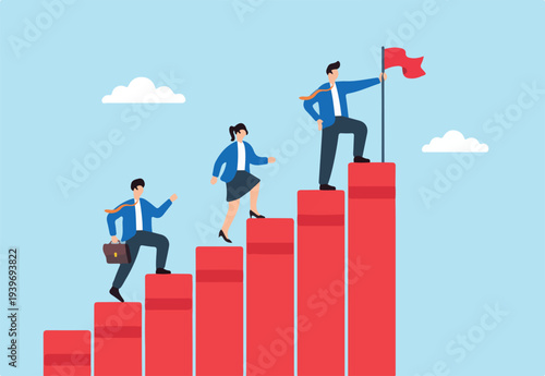 Flat illustration of business leader planting flag on top of red progress bars while team climbs steps of startup achievement