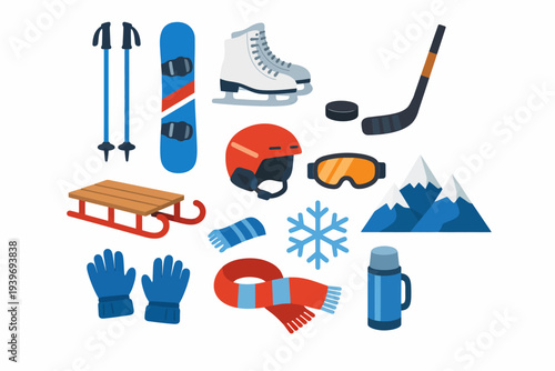 Winter sports equipment collection with snowboard skates and hiking gear
