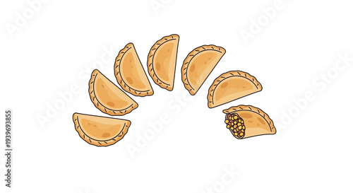 Six empanadas arranged in a circular pattern on a white background.
