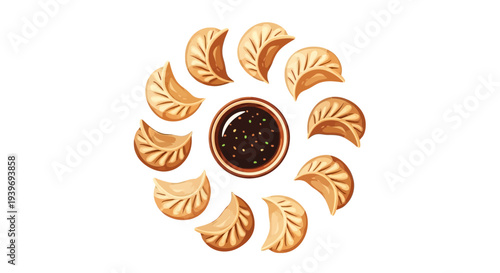 Assorted dumplings arranged around a dipping sauce.