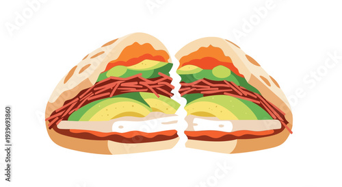 A delicious sandwich cut in half with various fillings.