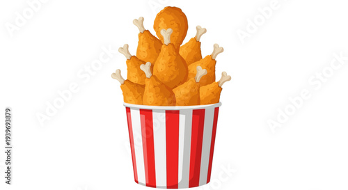 Delicious fried chicken drumsticks in a striped paper bucket.