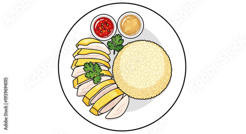 A plate of food with chicken, rice, and dipping sauces.