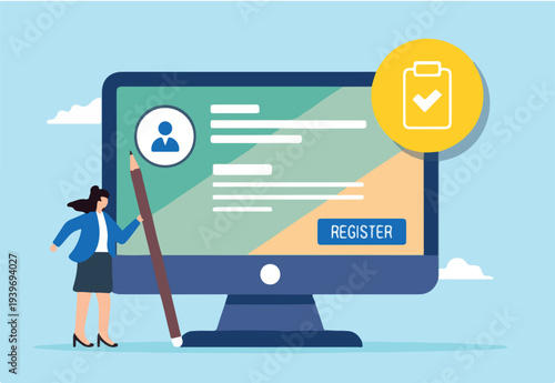Flat illustration of businesswoman hold pencil complete online registration form on computer screen register new user account creation job application submission sign up information apply membership