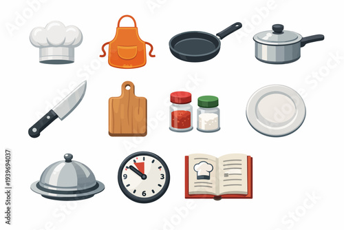 Kitchen utensils set: chef hat, apron, knife, cutting board, cookware, and recipe book