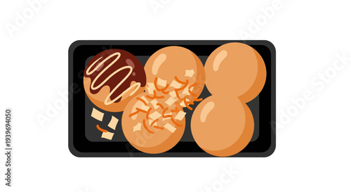 Assorted donuts with sweet toppings on a black tray.