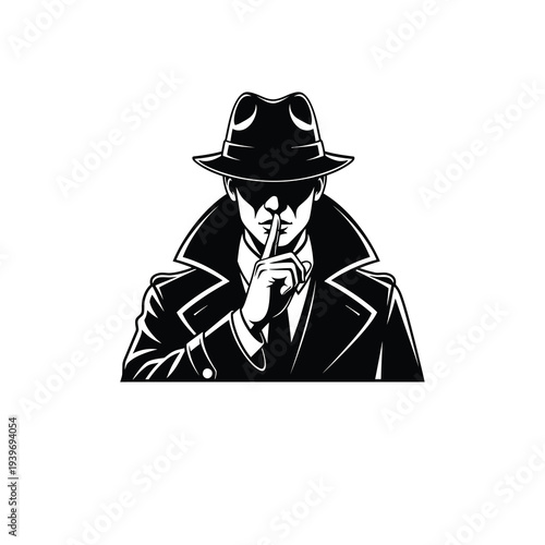 Silhouette vector of a mysterious man wearing a trench coat and fedora hat gesturing for silence.