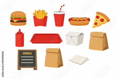 Fast food icons: burger, fries, soda, pizza, hot dog with packaging and condiments