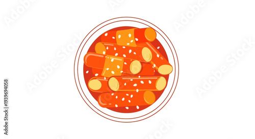 Bowl of vibrant red soup with yellow garnishes and white seasoning.