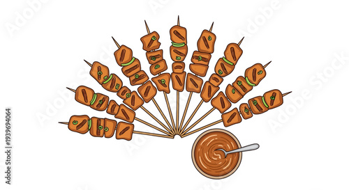 Assorted skewers of meat on sticks arranged in a circular pattern.