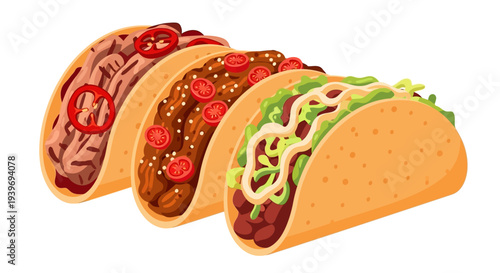 Three tacos with different fillings and toppings.