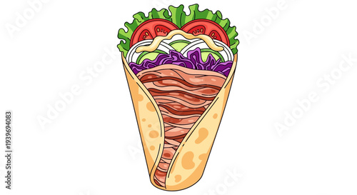 Illustration of a delicious kebab with vegetables and sauce.