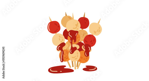 Colorful illustration of meatballs on skewers with red sauce.