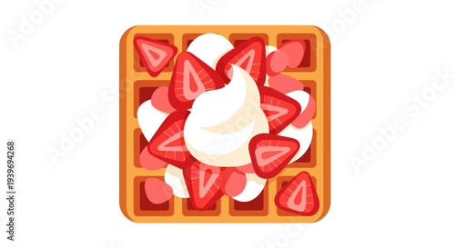 Delicious waffle topped with strawberries and whipped cream.