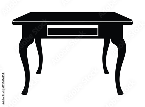 Vector of a black simple square table with four curved legs and a drawer