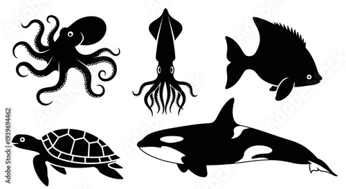 Marine Animals Silhouette Collection: Octopus, Squid, Fish, Turtle, and Orca