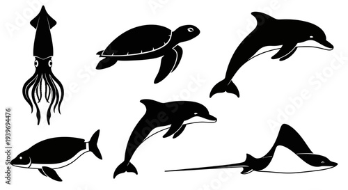 Marine Animals Silhouette Set: Dolphin, Turtle, Squid, Fish, and Ray Vector Illustration