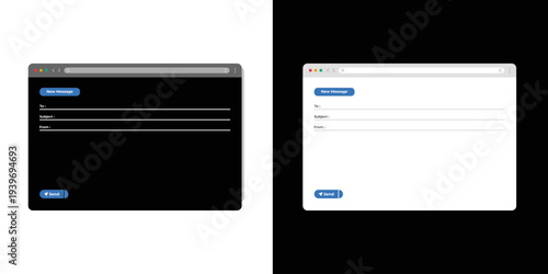 Email and messaging interface. Mail client new message window desktop user interface layout vector UI template illustration set. Light mode and dark mode