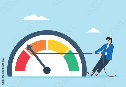 Flat illustration of businesswoman pull meter down reducing risk level red alert to green reduce stress decrease anxiety or danger indicator