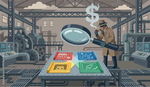 Search success plaining achievement growth project with magnifying glass smoking pipe with dollar sign smoke