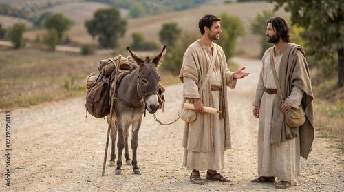 Meeting of ancient travelers walking dusty road in desert landscape biblical journey faith prayer reflection spread of Christianity first century with copy space