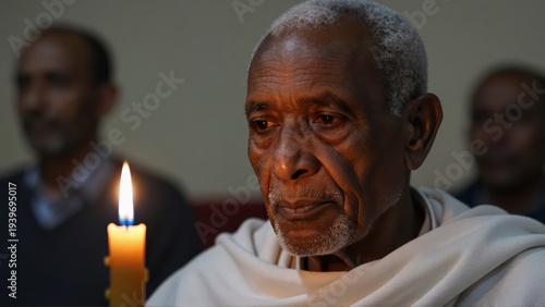 Sharp focus portrait of an elderly Ethiopian Orthodox man, face illuminated solely by the flickering flame of his Pascha candle, eyes reflecting deep