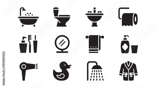 Bathroom Fixtures and Personal Hygiene Icon Set for Home Design, Sanitation, and Lifestyle Application Interface