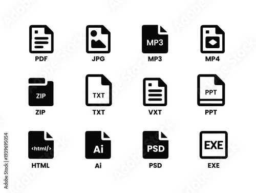 Digital File Format and Document Type Icon Set for File Management, Software Interface, and Data Organization Design