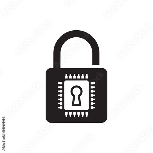 Cybersecurity concept illustration featuring a black open padlock icon integrated with a microchip and keyhole symbol on a white background, representing digital data protection and hardware security.