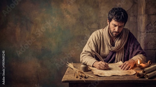 Ancient man writing on parchment with thoughtful mood inside humble dwelling biblical scripture reflection prayer first century Christianity with copy space