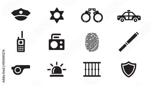 Law Enforcement and Police Security Icon Set for Public Safety, Crime Investigation, and Justice Application Design